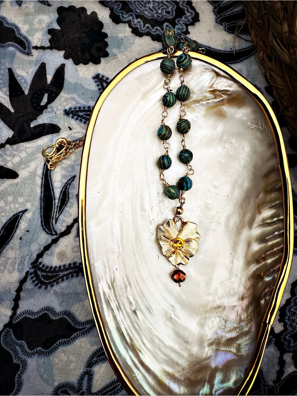 Gold Leaf necklace with blue beads